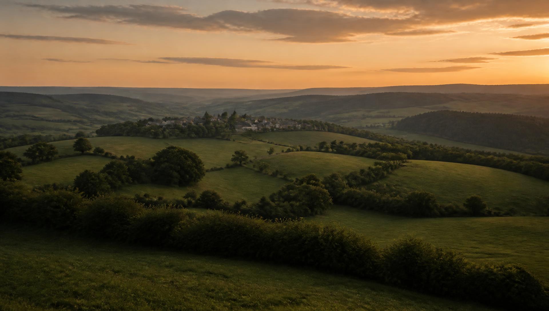 Grüne Hügellandschaft mit Hecken und Wiesen im Abendlicht